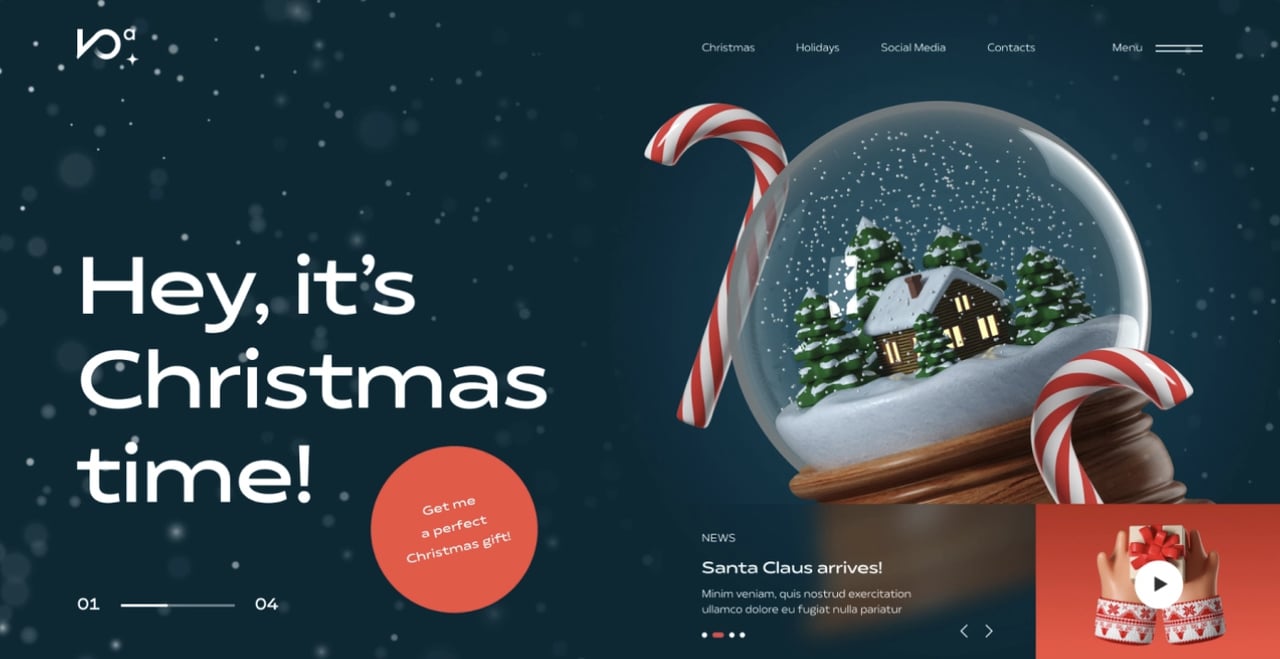 christmas website with the headline on the left and a snow globe on the right together with candy canes