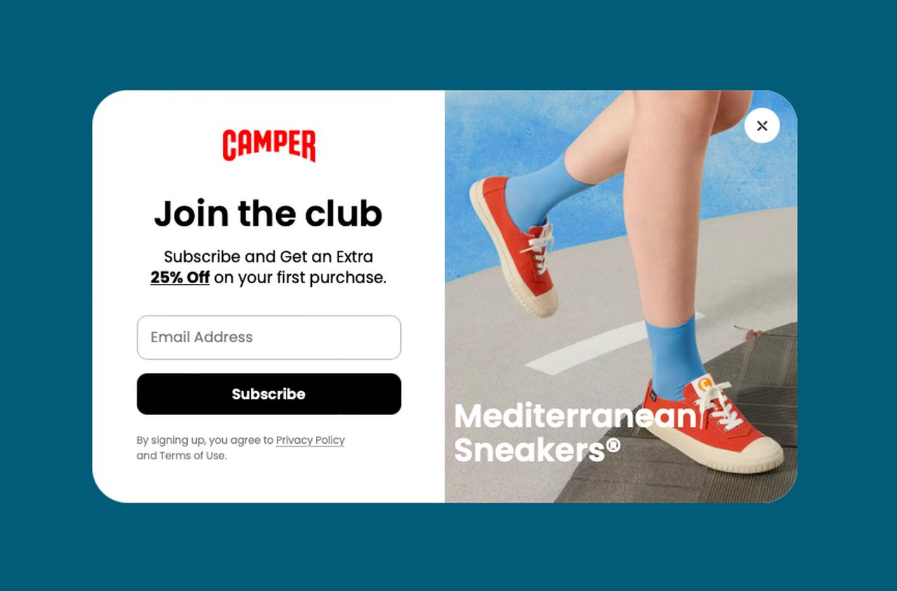 popup example that says "Join the club" with an email checkbox next to two legs wearing blue socks and white & red shoes while walking