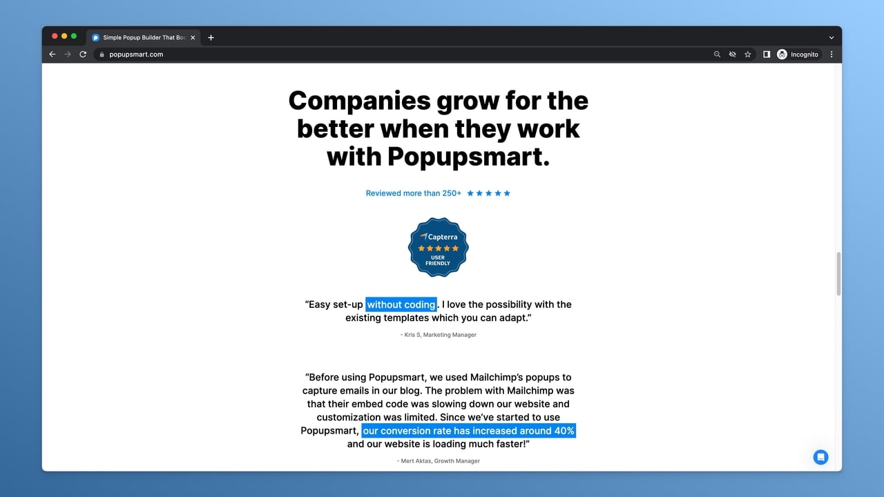 a customer testimonal example of Popupsmart, the no-code popup builder