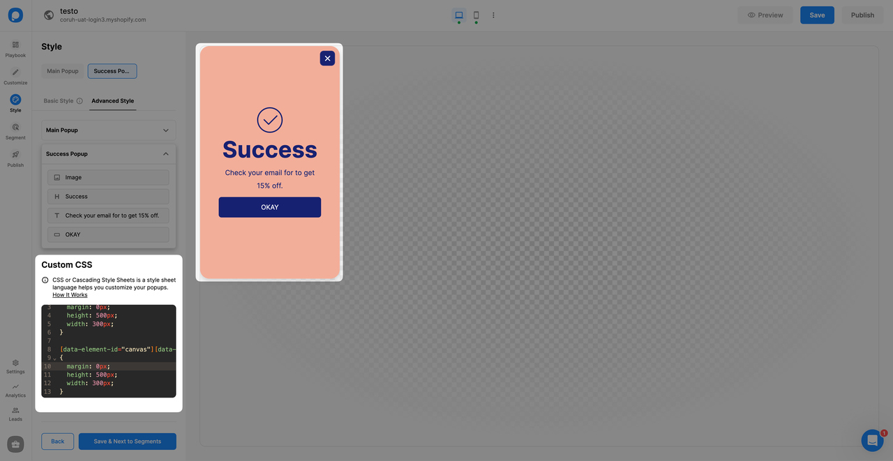 custom css part of the success popup