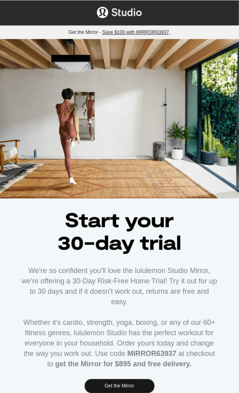 the free trial email of Lululemon with the introductory image and explanation