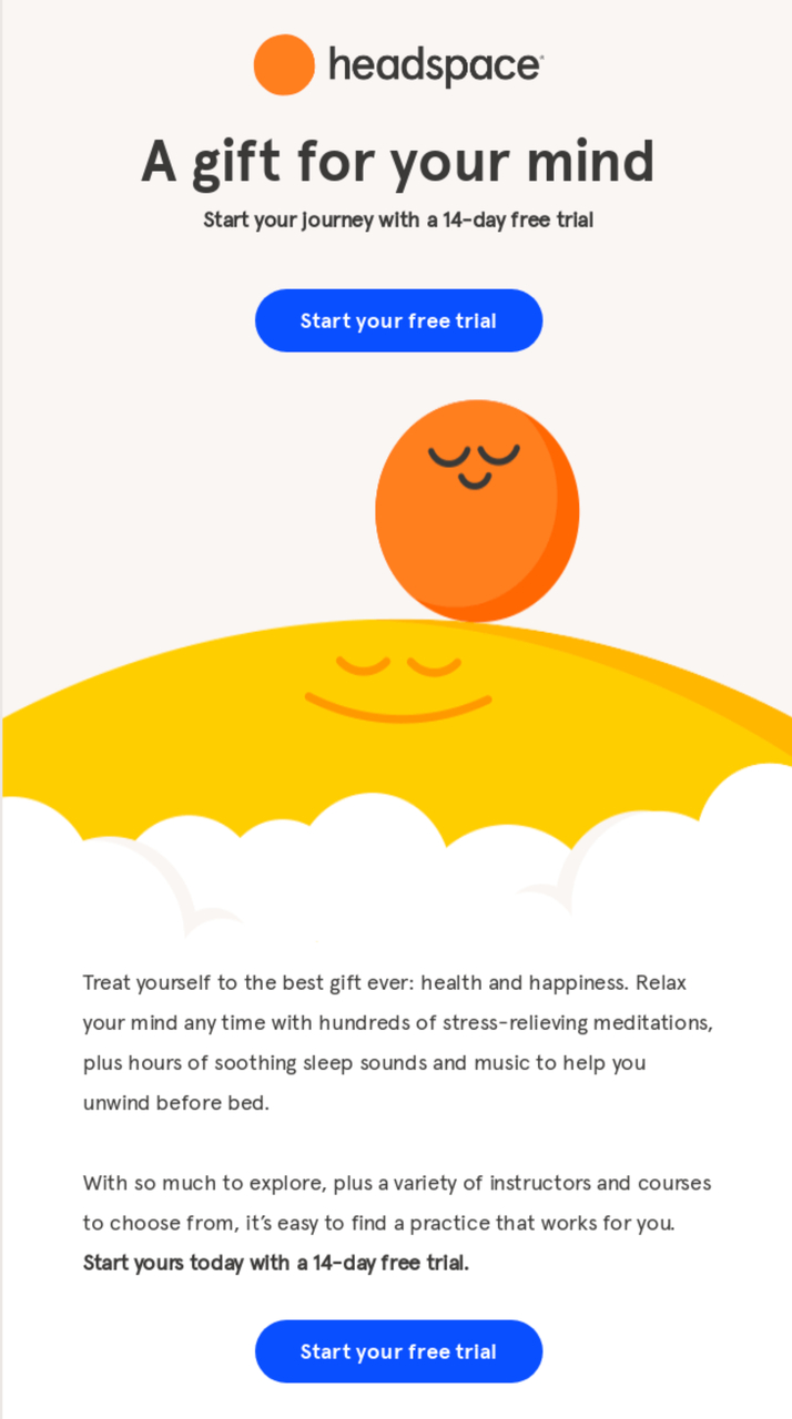 the free trial email example of Headspace with the related image and necessary explanation