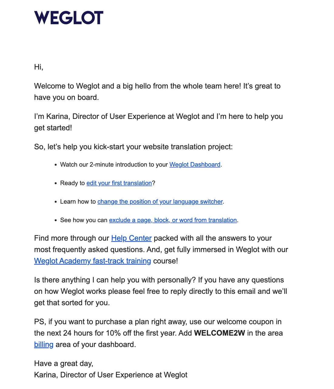 the free trial email of Weglot with only informative text