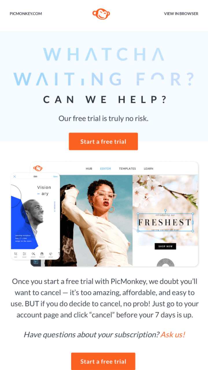 the free trial email of PicMonkey with the images and catchy question