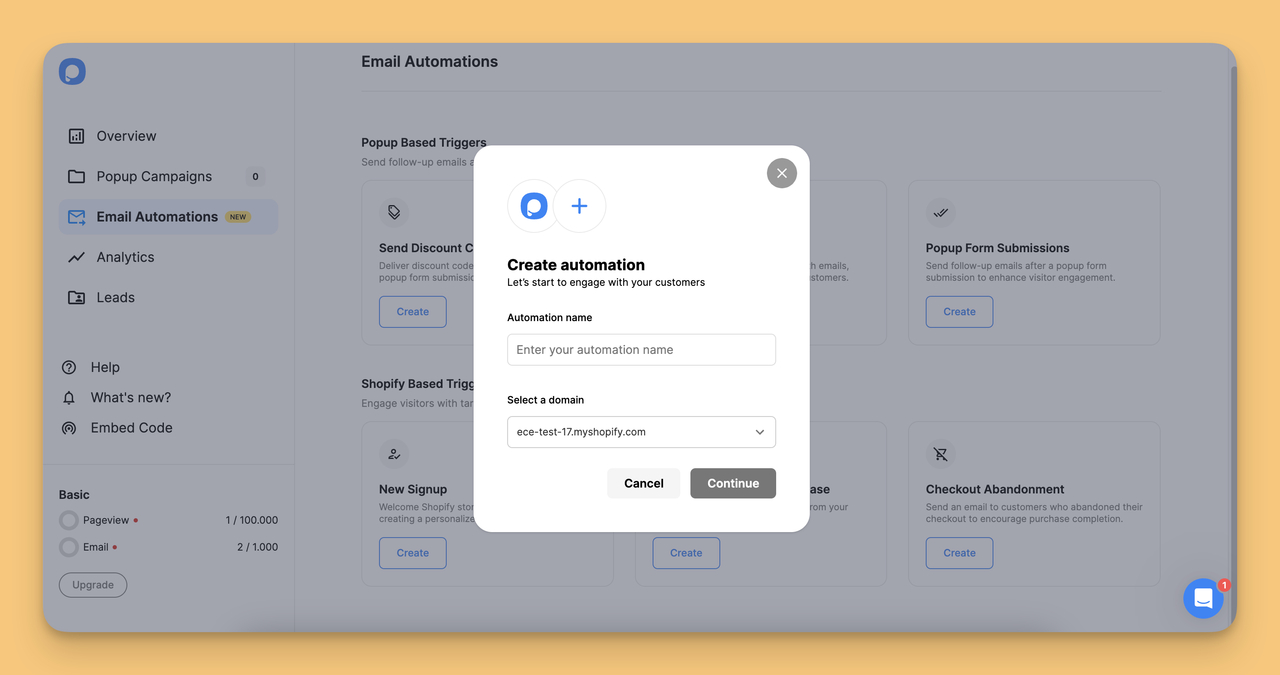 Fourth step of creating an Automated Welcome Email with Popupsmart's Shopify App.