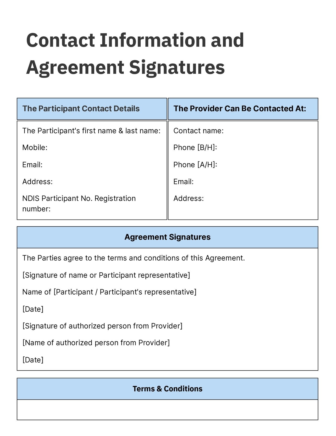 contact information and agreement signatures template for NDIS