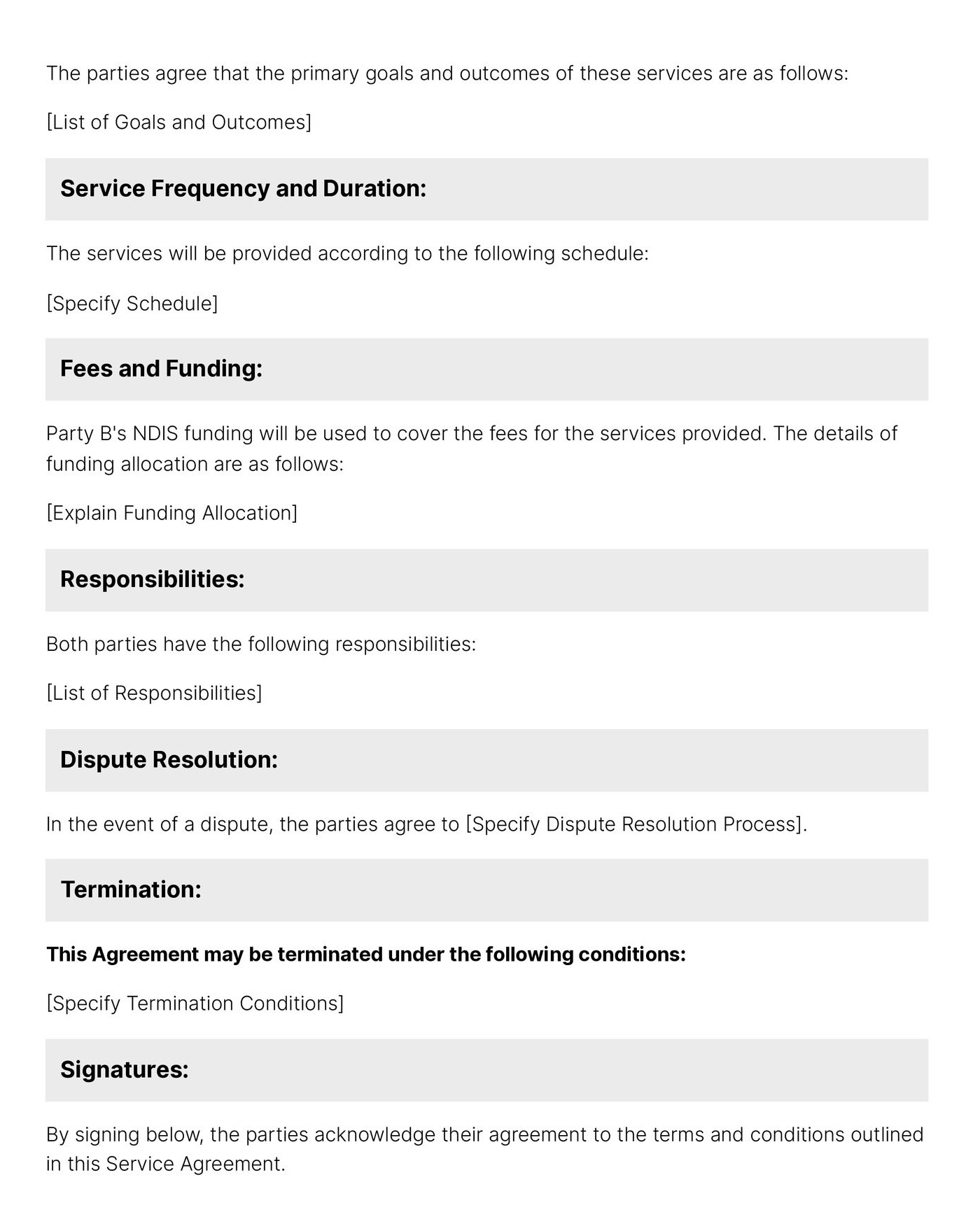 second page of service agreement template for organizations and NDIS participants