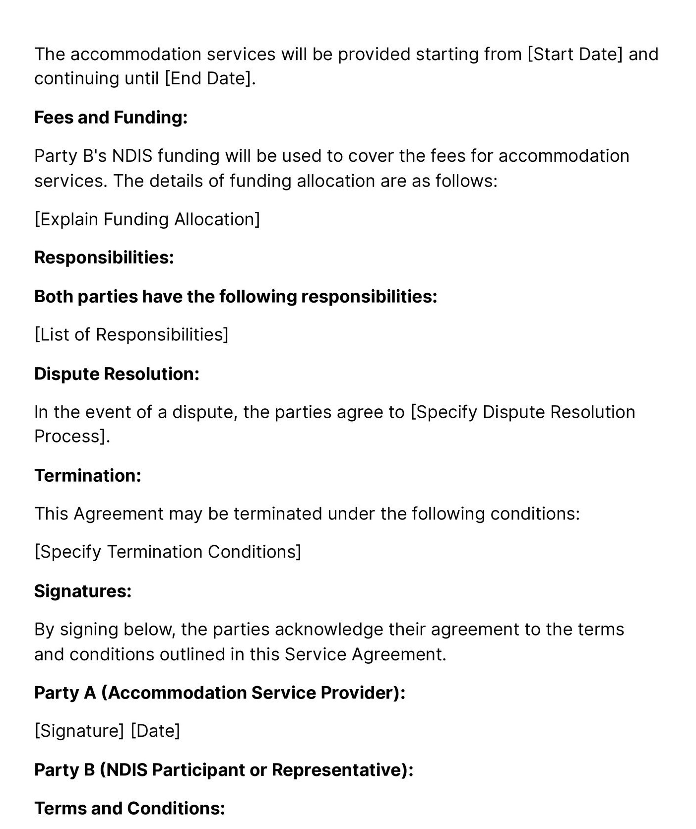 second page of accomodation services service agreement template for NDIS