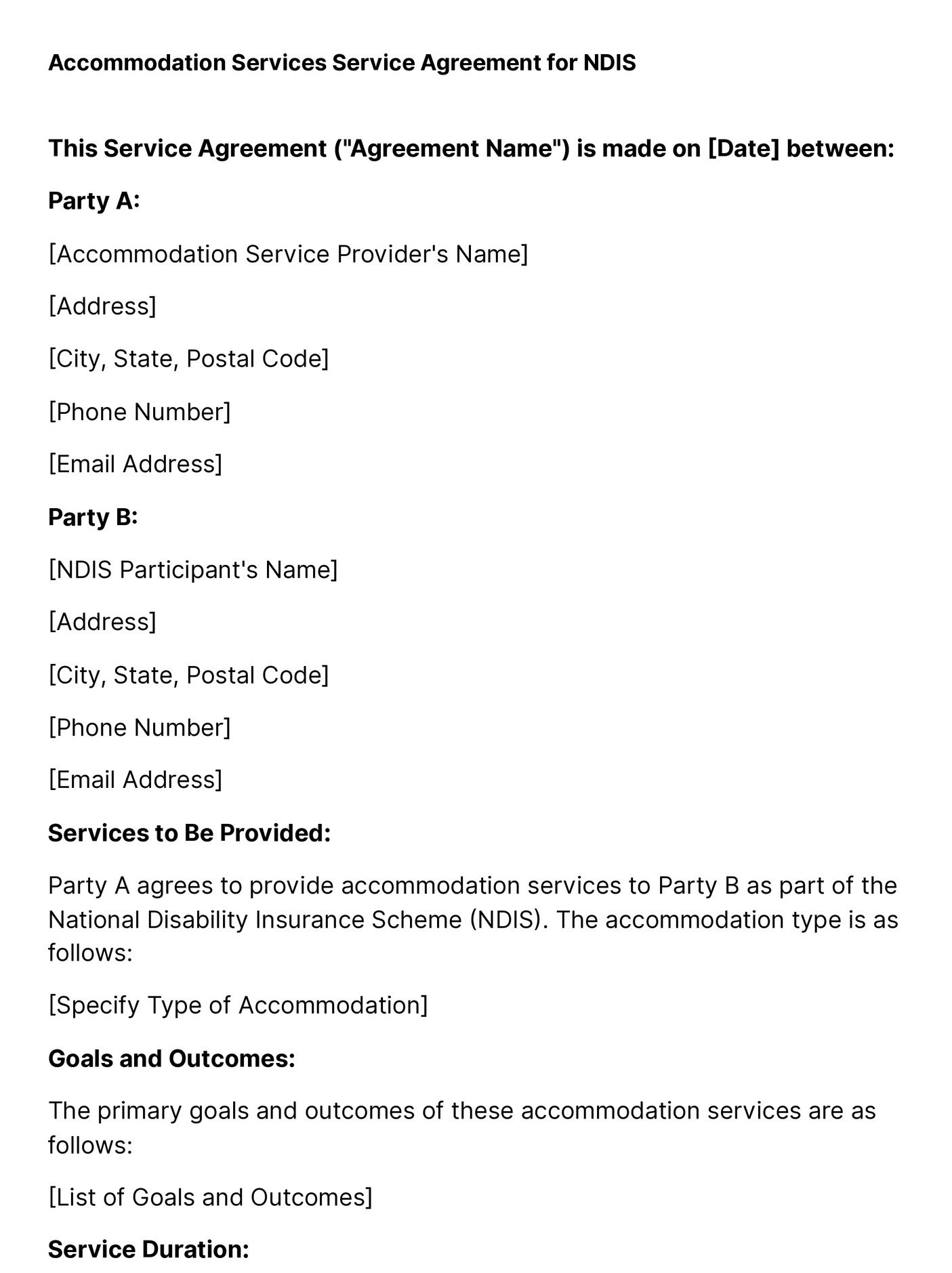 first page of accomodation services service agreement template for NDIS