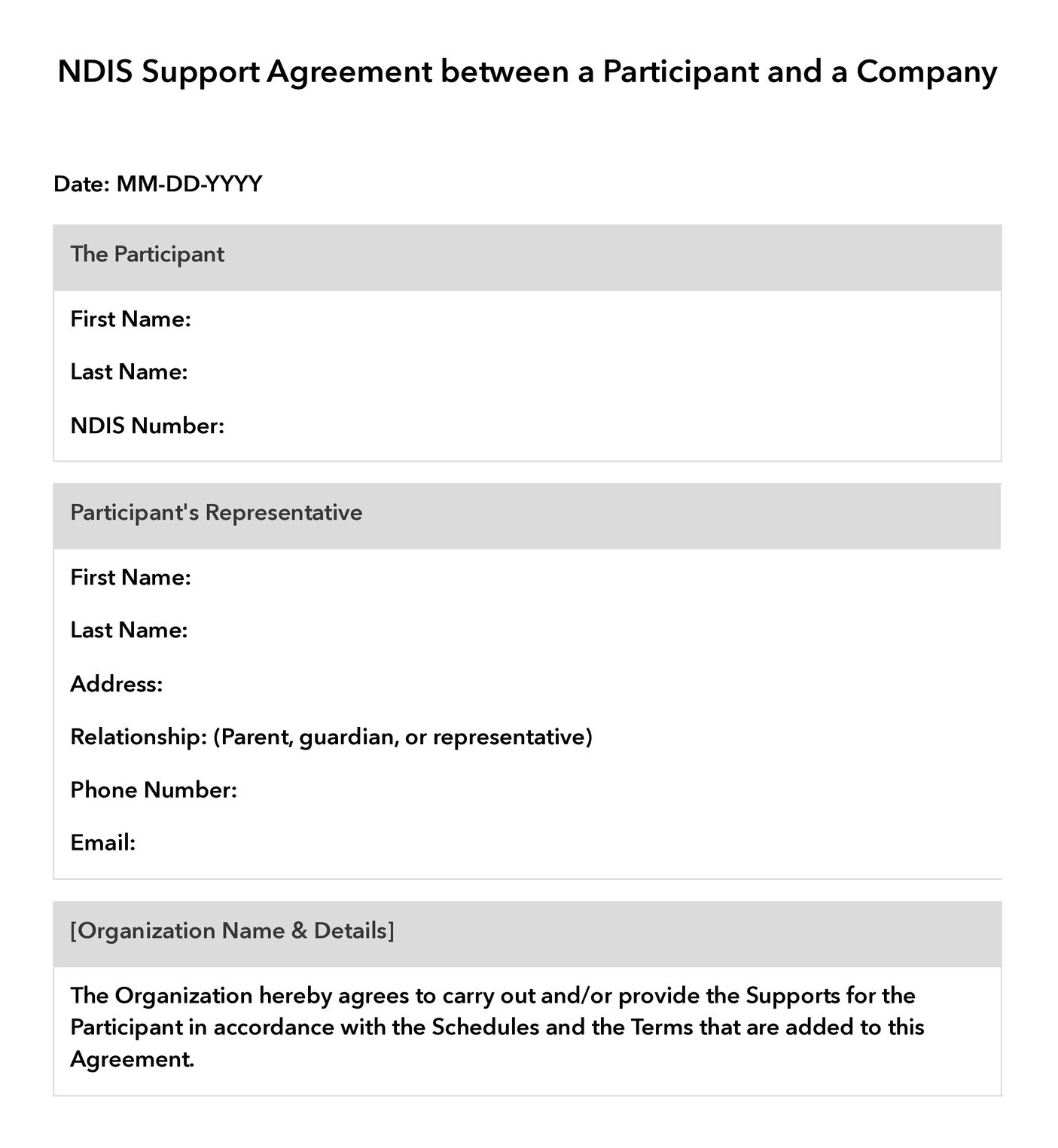 first page of NDIS support agreement between a participant and a company