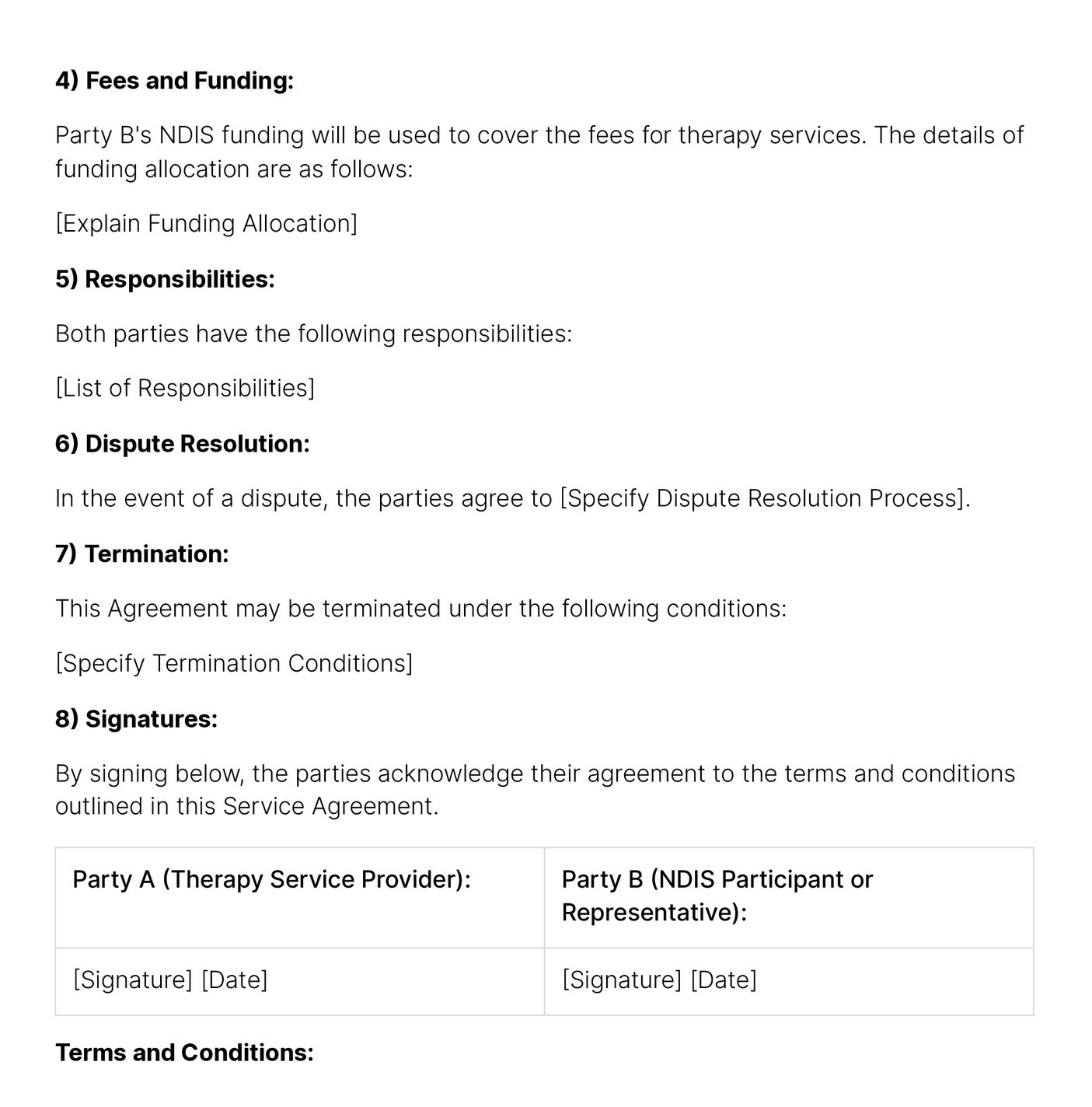 second page of therapy services service agreement template for NDIS