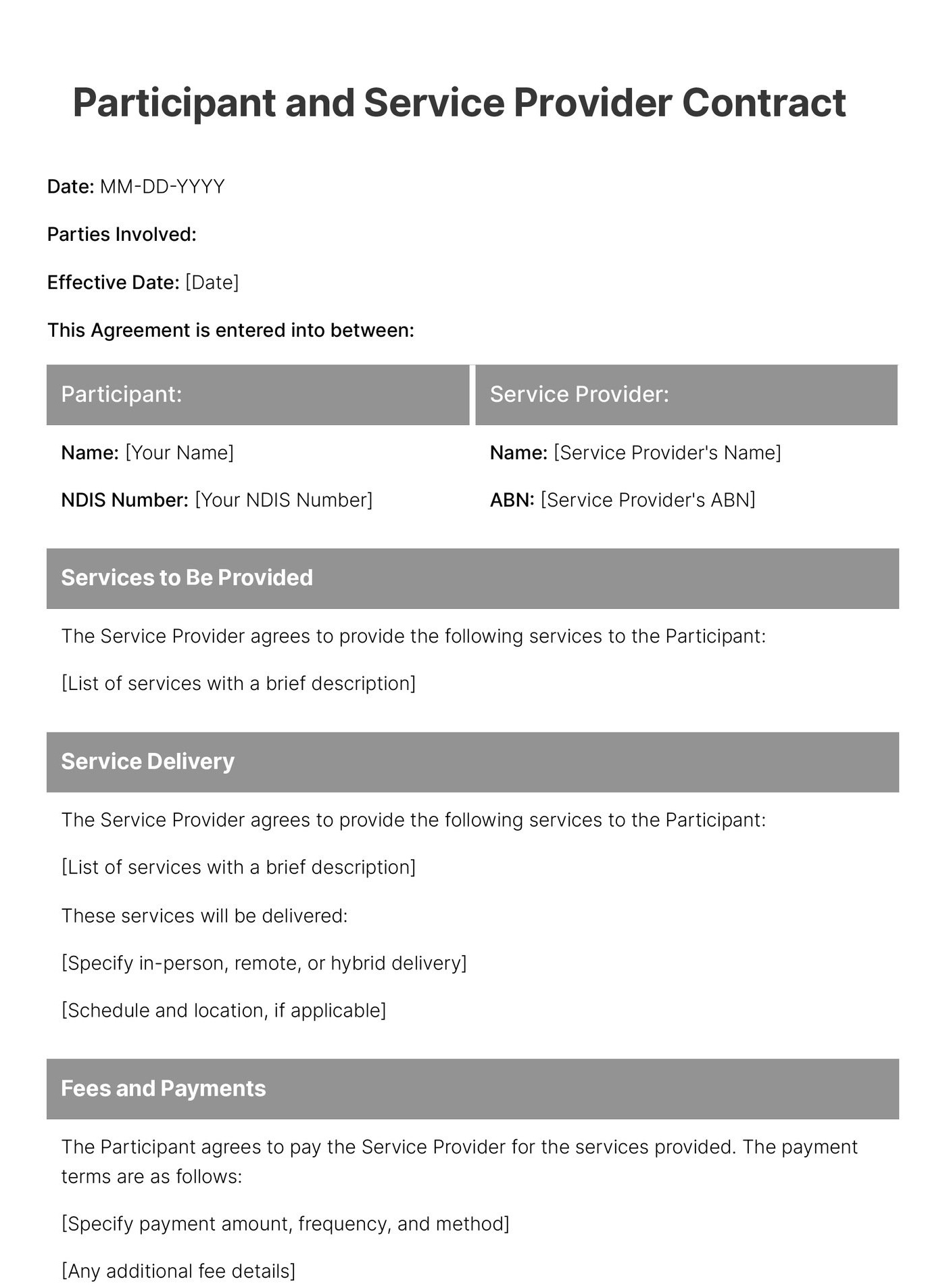 first page of participant and service provider contract template for NDIS