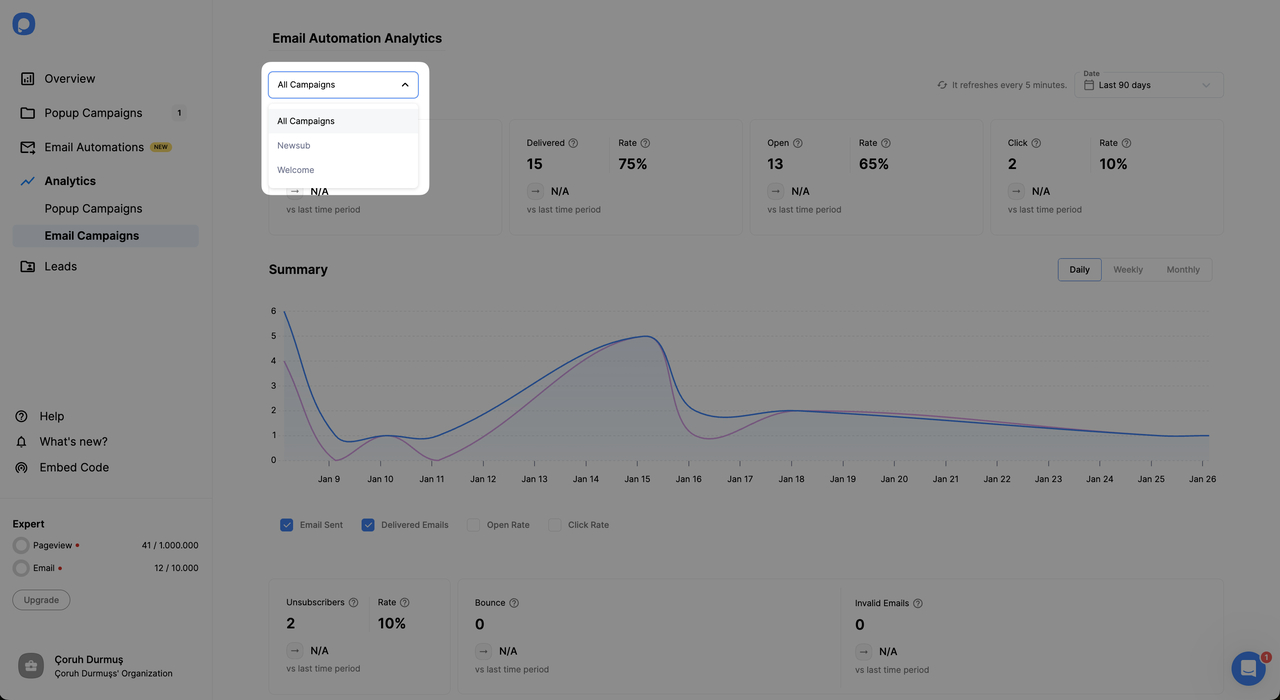 the dropdown to choose a campaign on Popupsmart