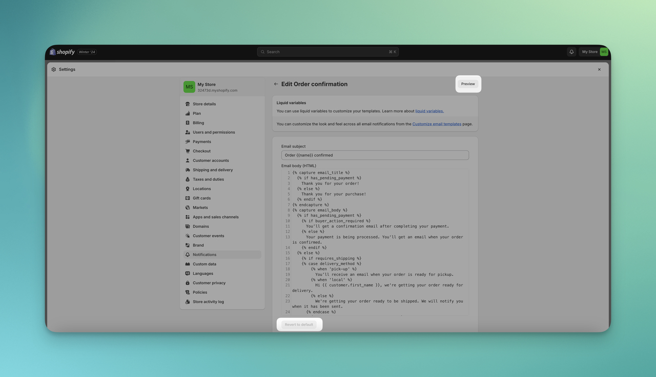 the preview button of order confirmation email of Shopify