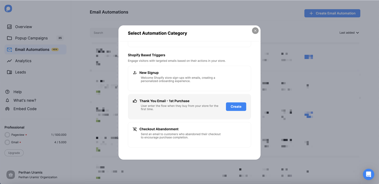 the automation selection category of Popupsmart for email automation