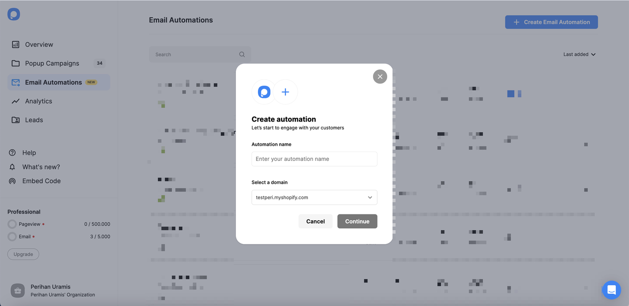 the email automation creation modal of Popupsmart