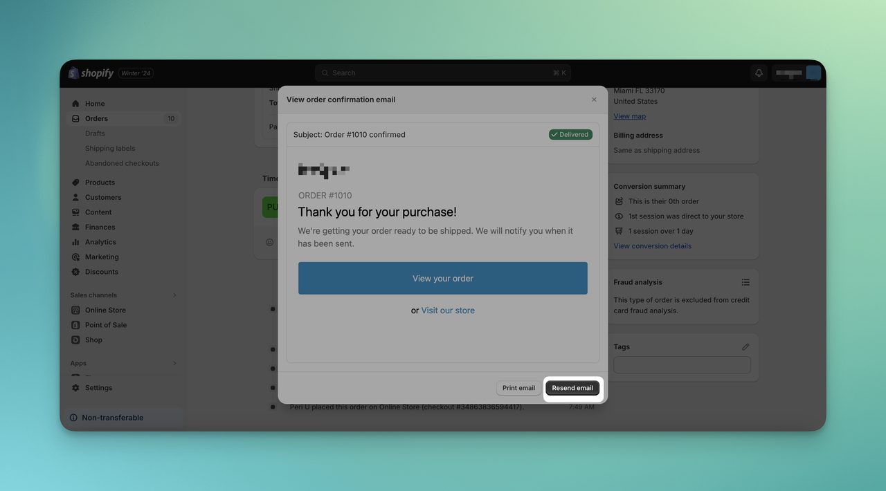 the Resend email of order confirmation email on Shopify