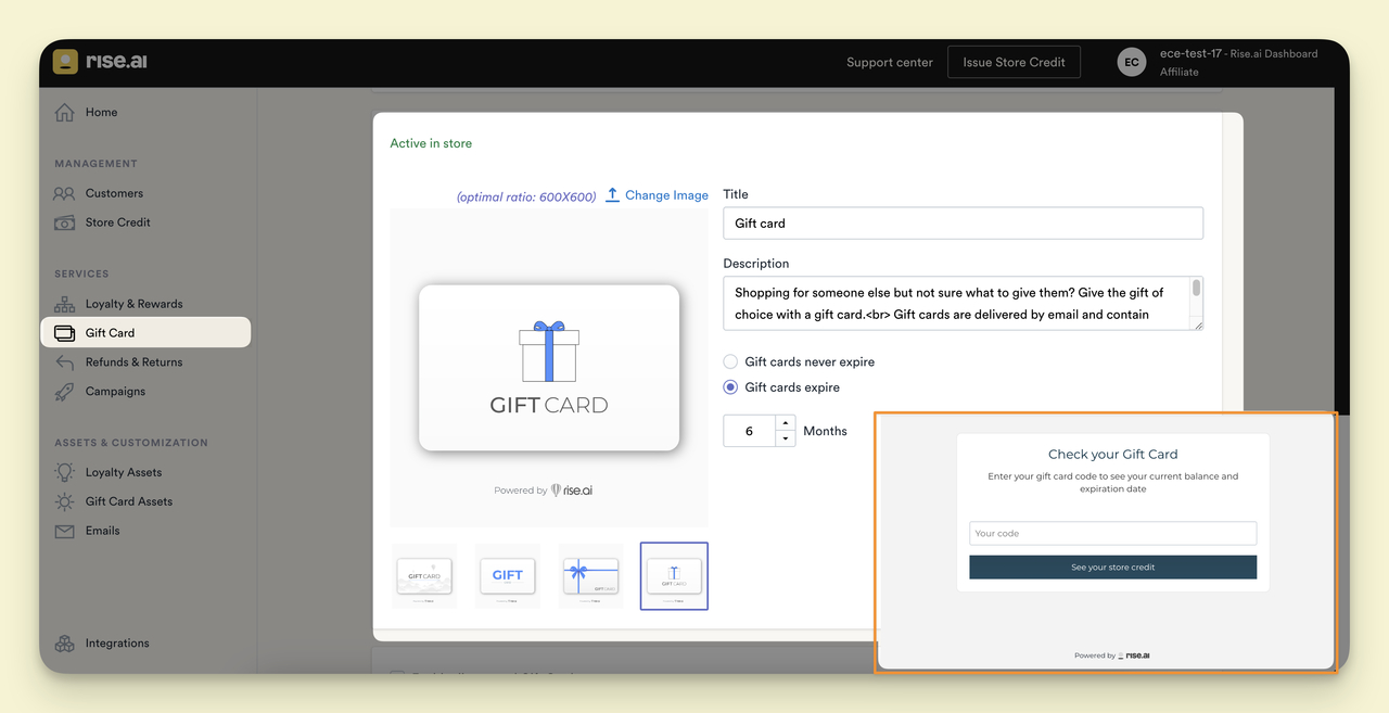 Rise.ai Advanced Gift Card Marketing Experience feature view n dashboard.