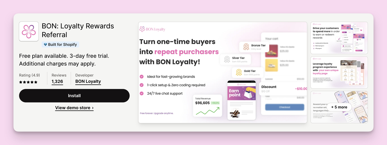 Shopify Loyalty App BON app store view.