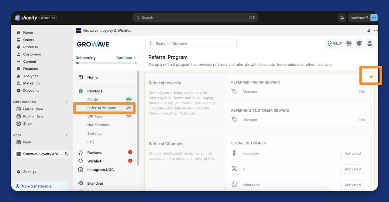 Growave Referral Incentives feature on the dashboard.