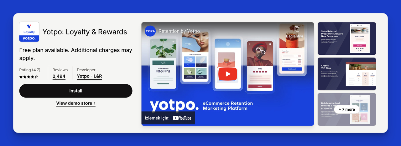 Shopify Loyalty App Yotpo app store view.