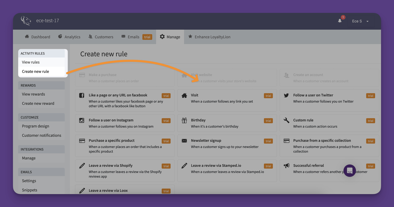 Loyalty Lion Custom Reward Rules feature on the dashboard.