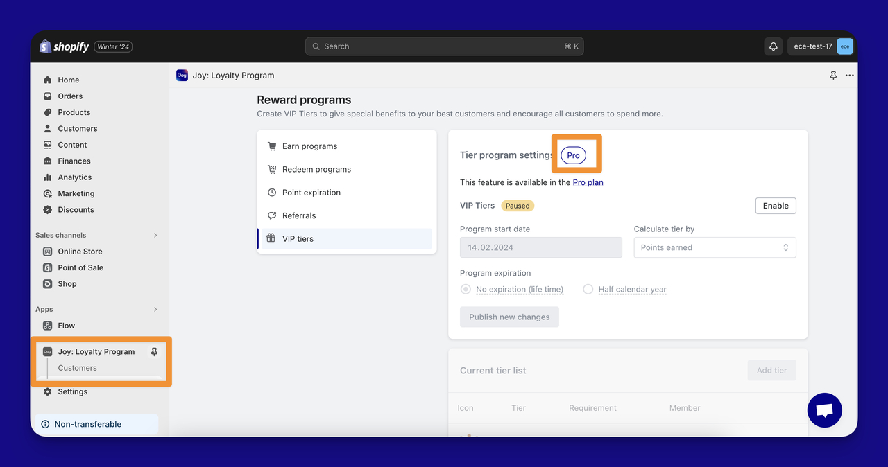 Joy Customer Tier Management feature on the dashboard.