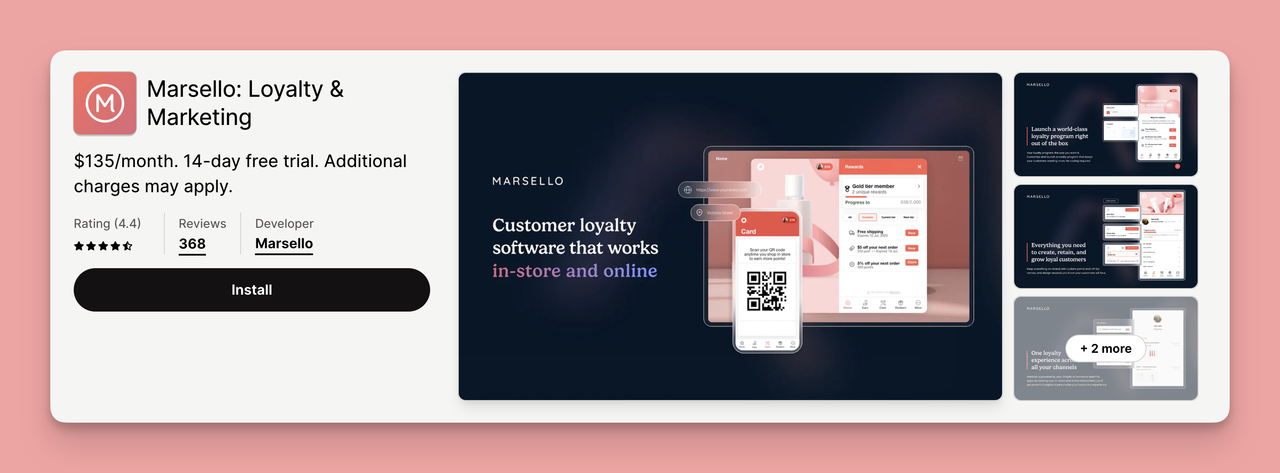 Shopify Loyalty App Marsello app store view.