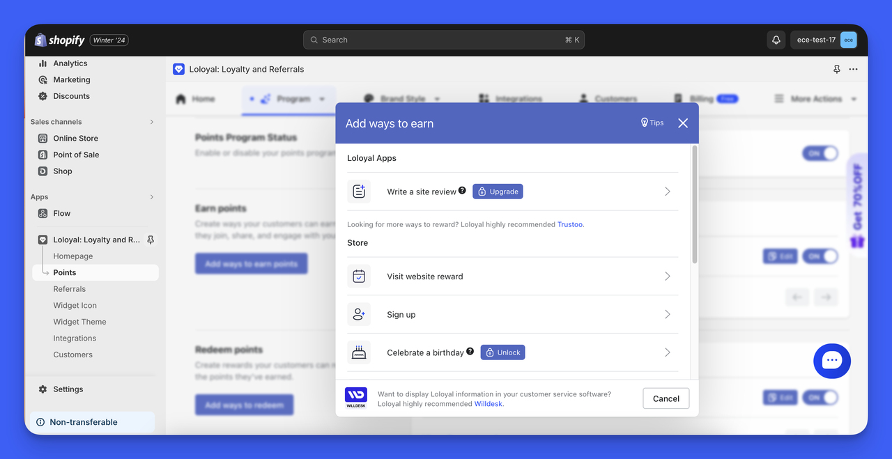 Loloyal Flexible Points System feature on the dashboard.