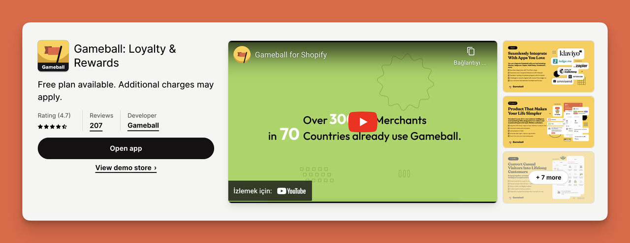 Shopify Loyalty App Gameball app store view.