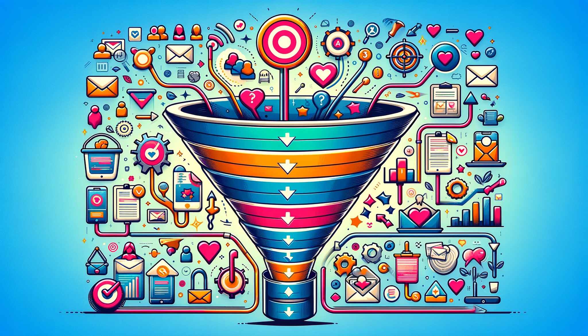 An illustration of a funnel surrounded by icons