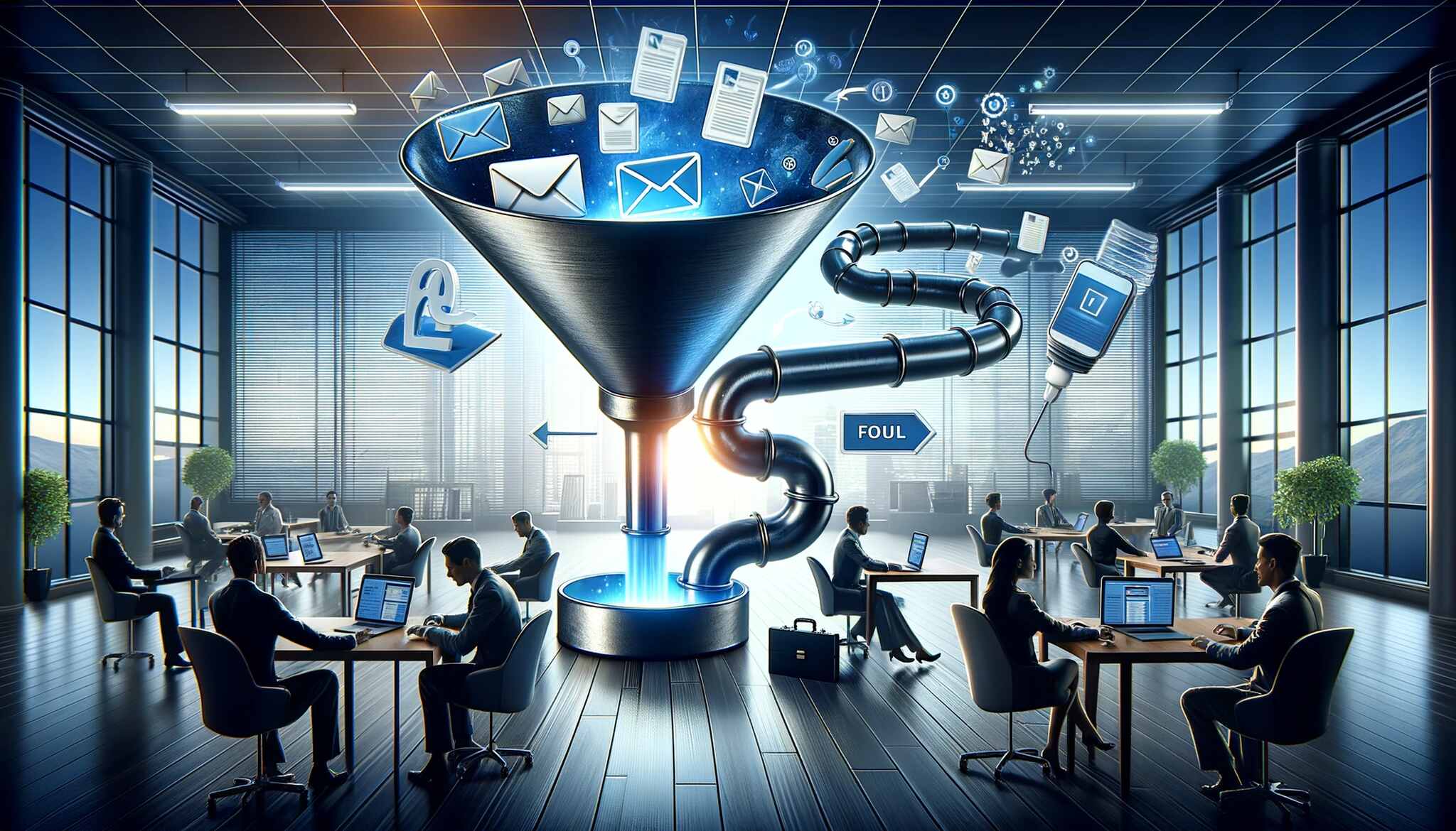 An illustration of an email marketing funnel and people working at an office