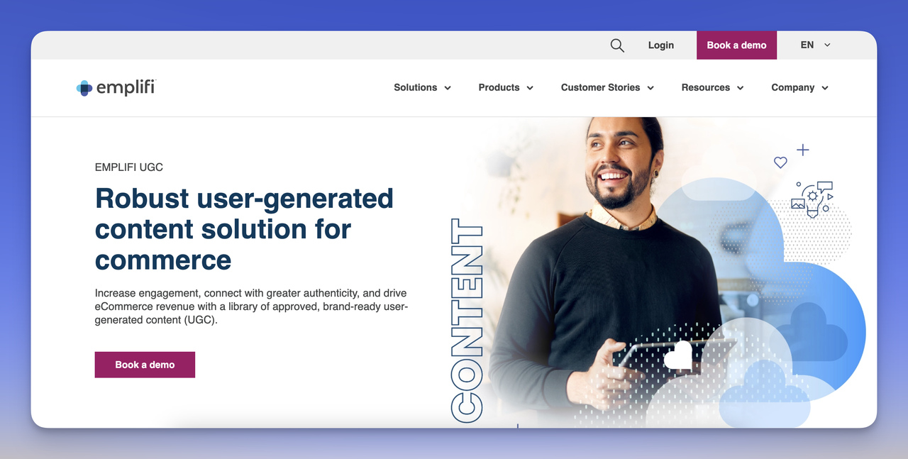 ugc platform emplifi homepage with blue background