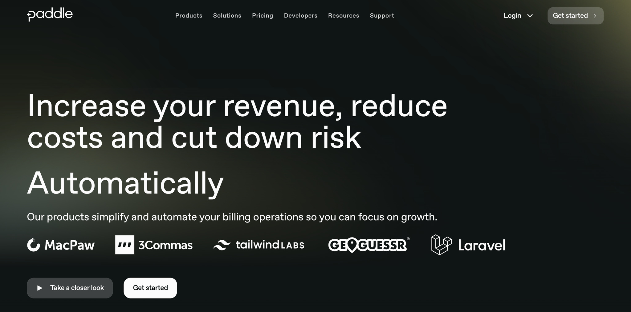 landing page of Paddle, subscription management software