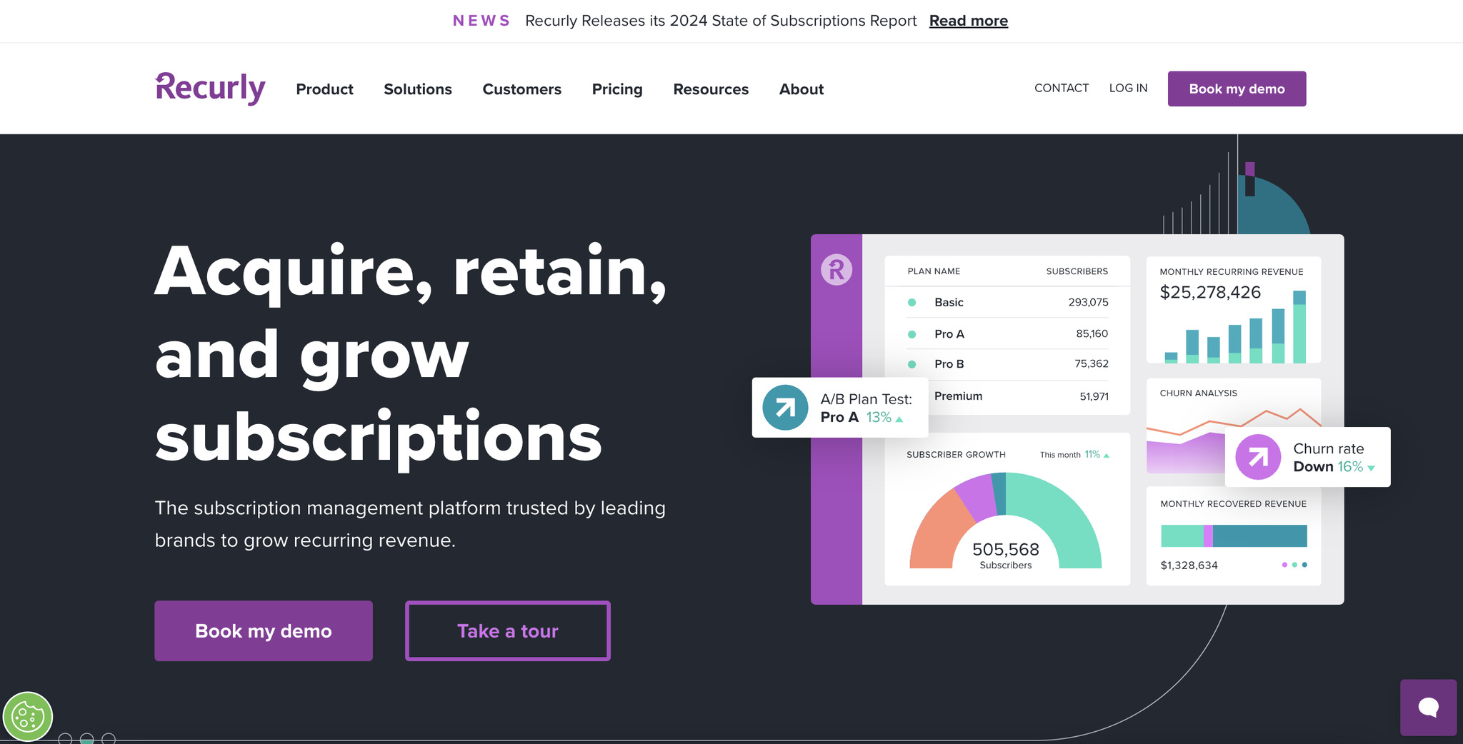 landing page of Recurly, subscription management software