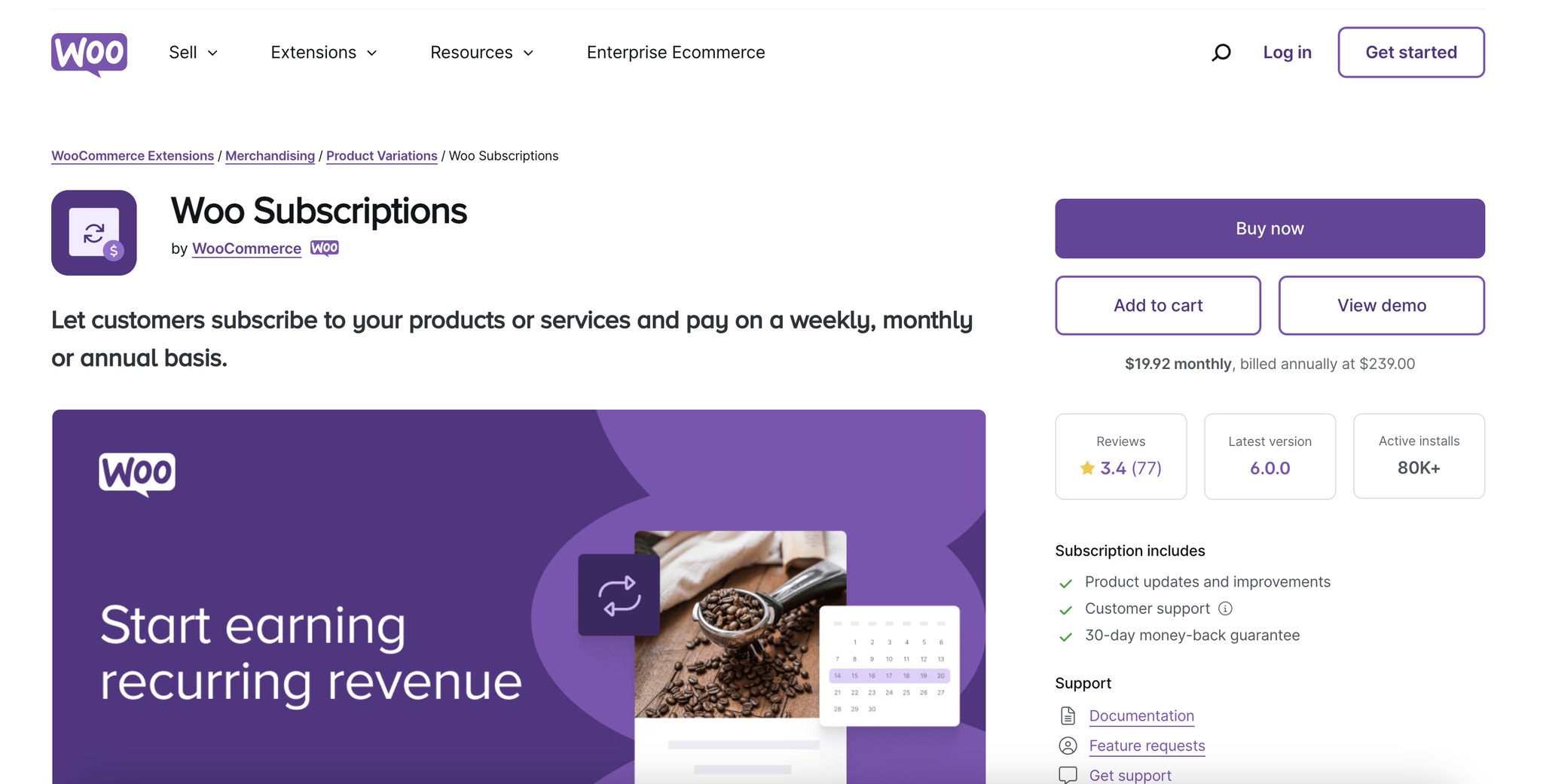 landing page of Woo Subscriptions, subscription management software