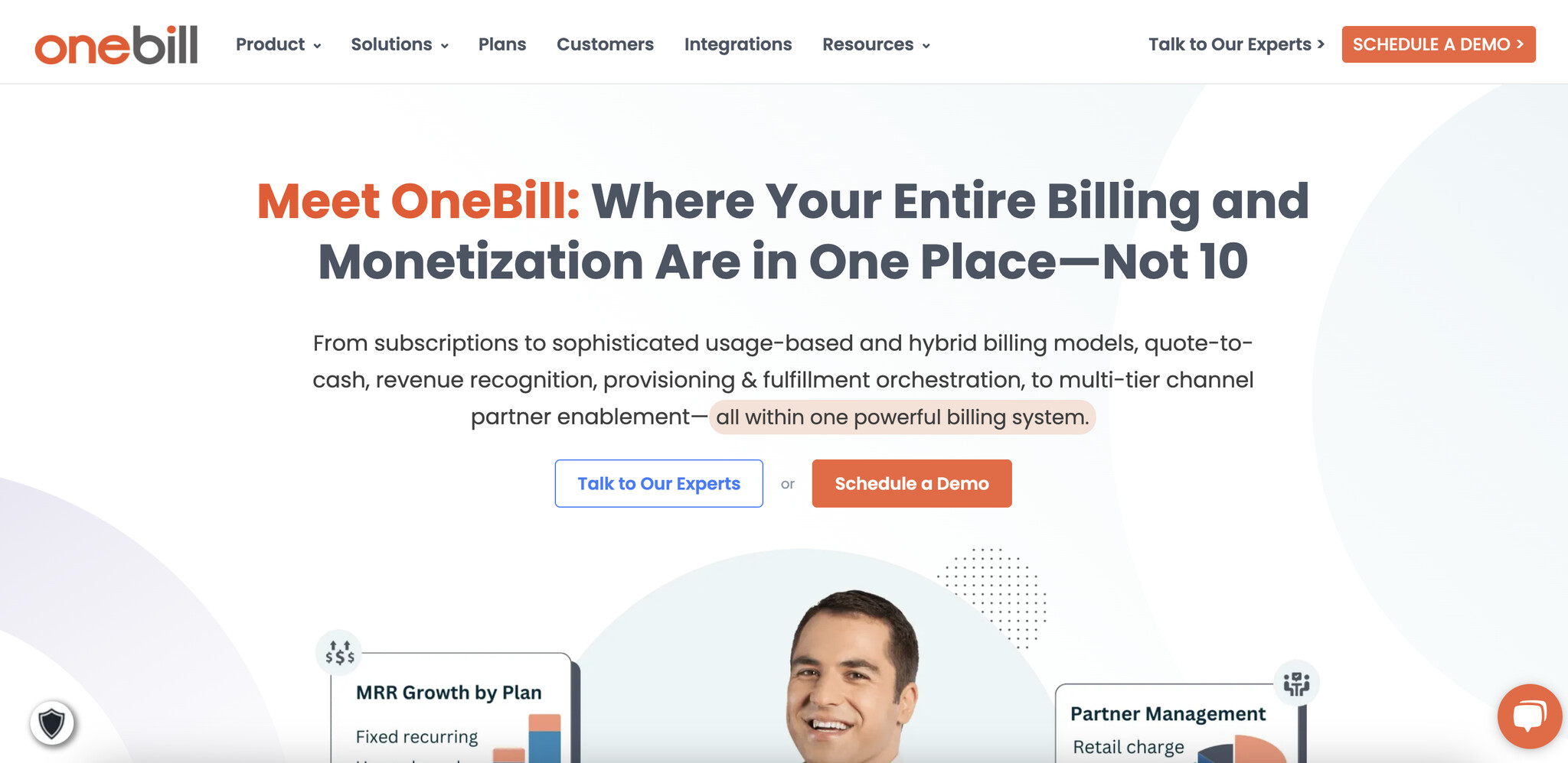 landing page of OneBill, subscription management software