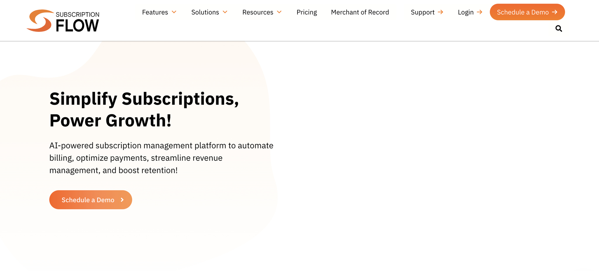 landing page of Subscription Flow, subscription management software