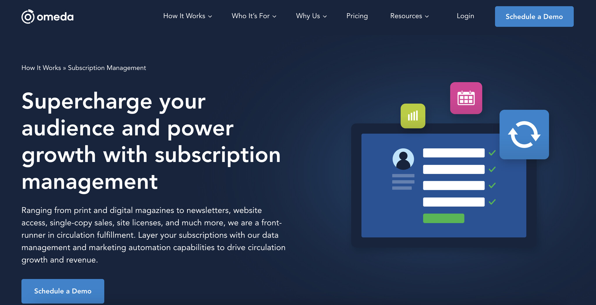 landing page of Omeda, subscription management software