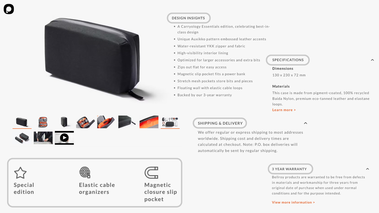 Bellroy's product description examples to reduce return rates.