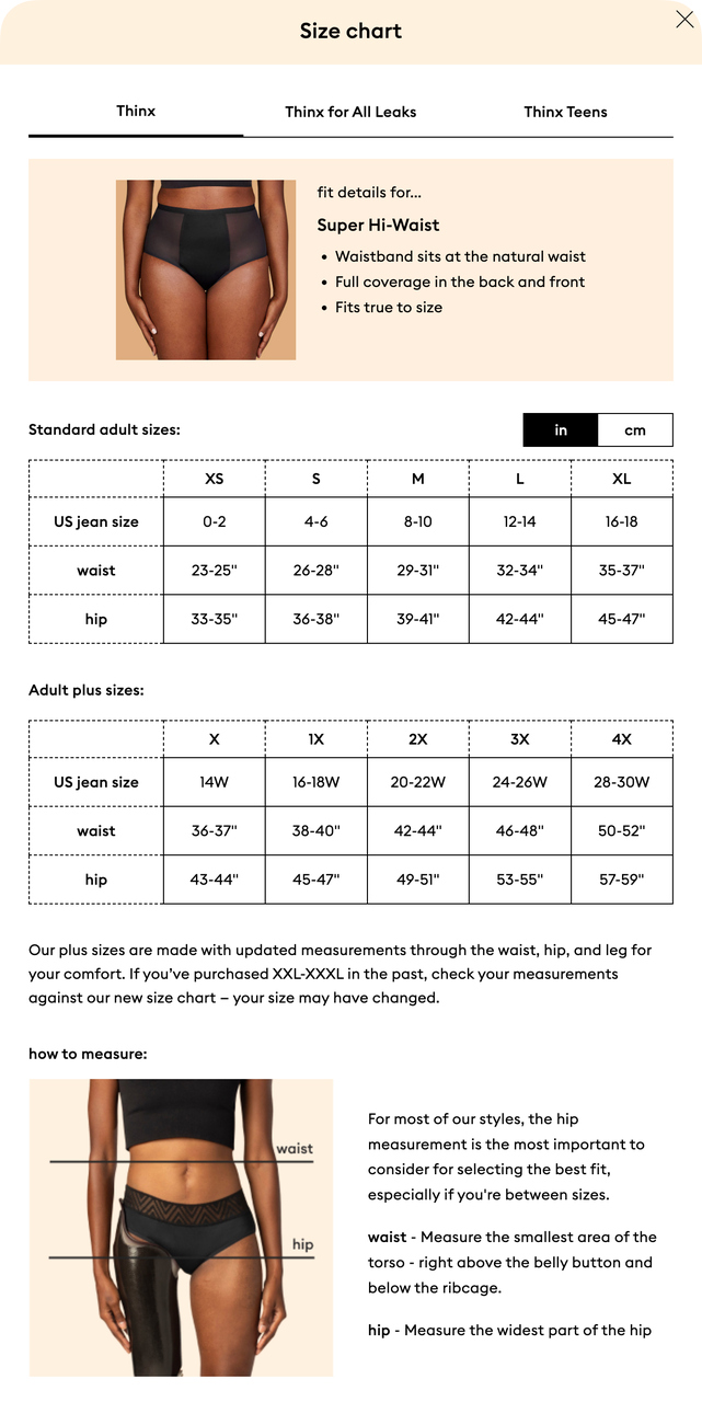 Example from Thinx of adding detailed size charts to reduce returns