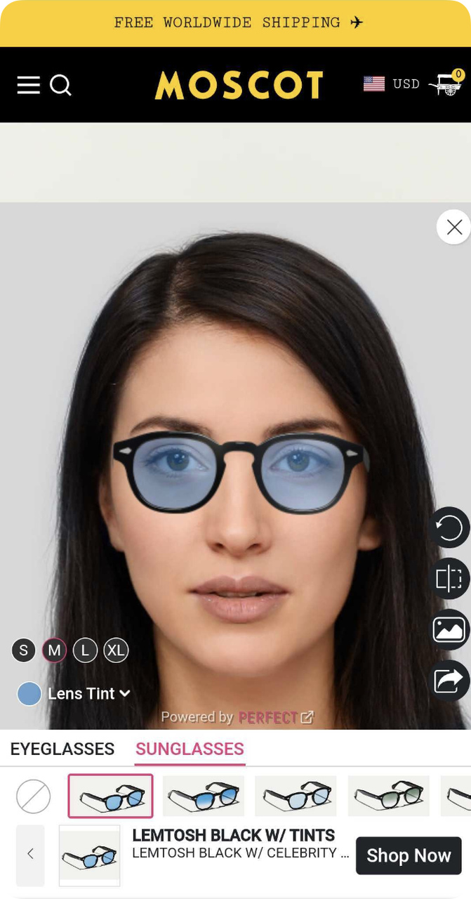 Moscot shows an effective AR feature with a 'Virtual Try-On' button