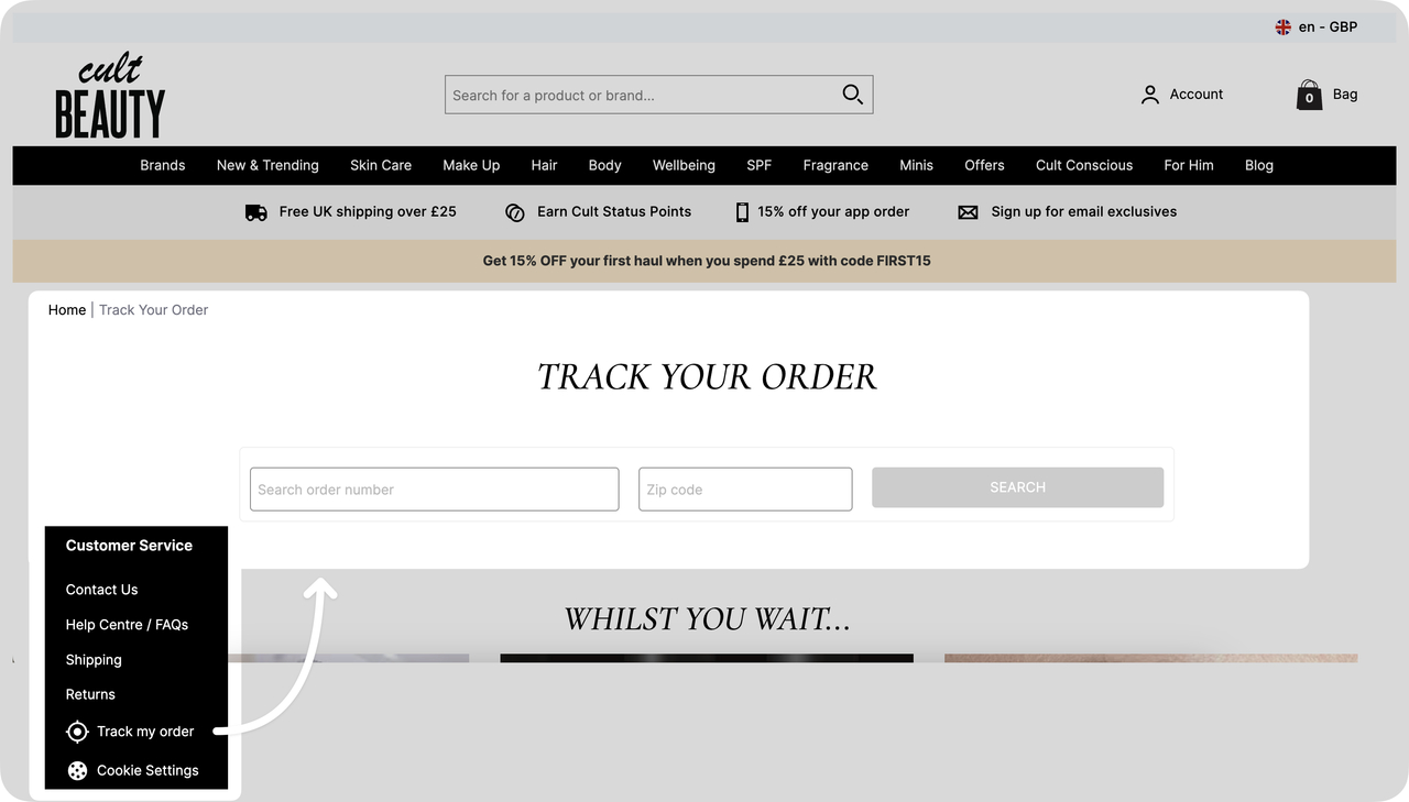 Cult Beauty's “track order” option in their footer and order tracking.