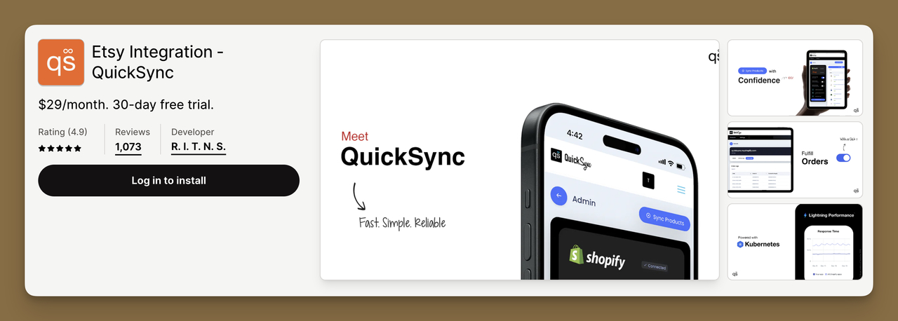 App Store view of Shopify Inventory Management App Etsy Integration ‑ QuickSync 