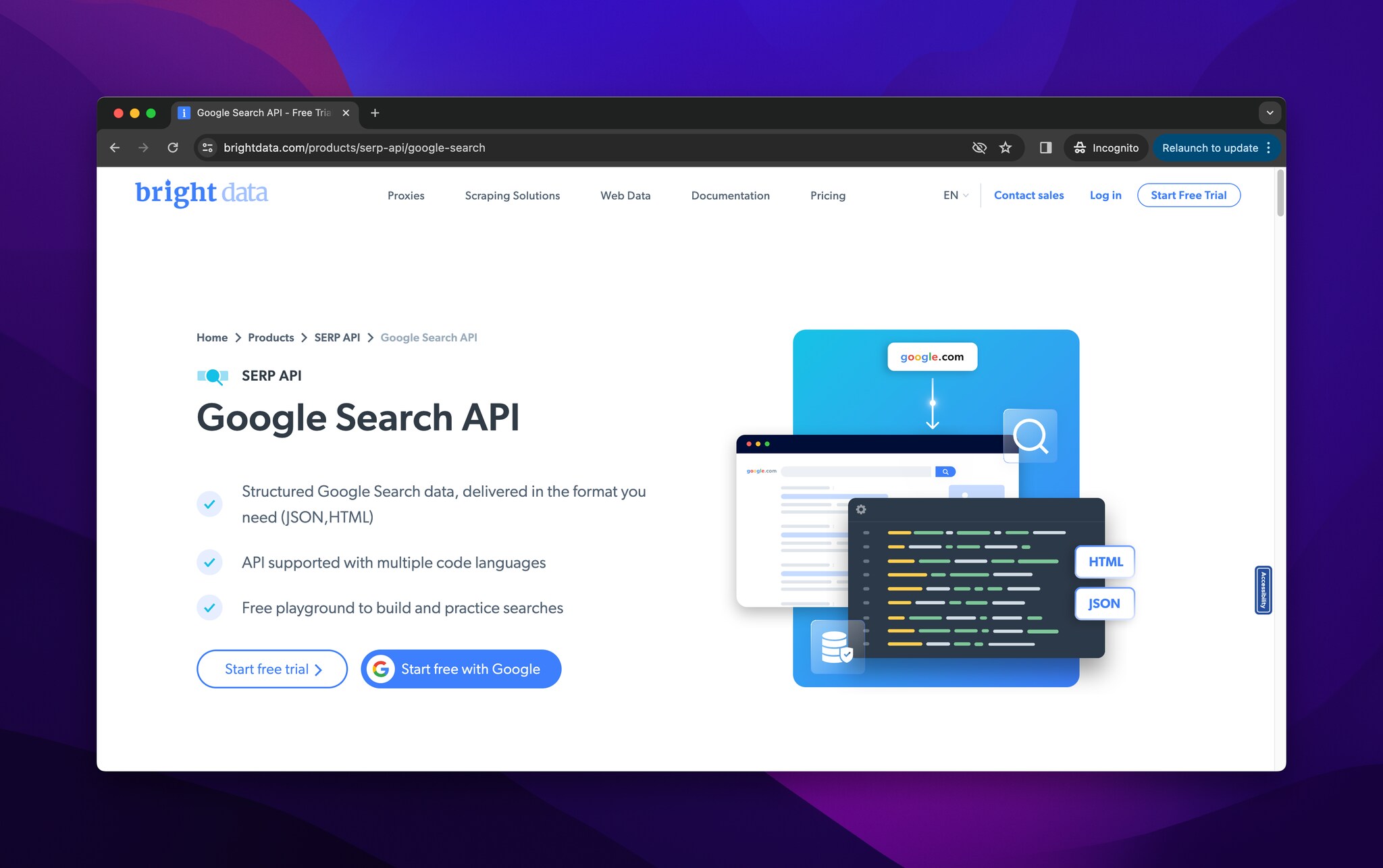 a screenshot of Bright Data's Google Search API landing page