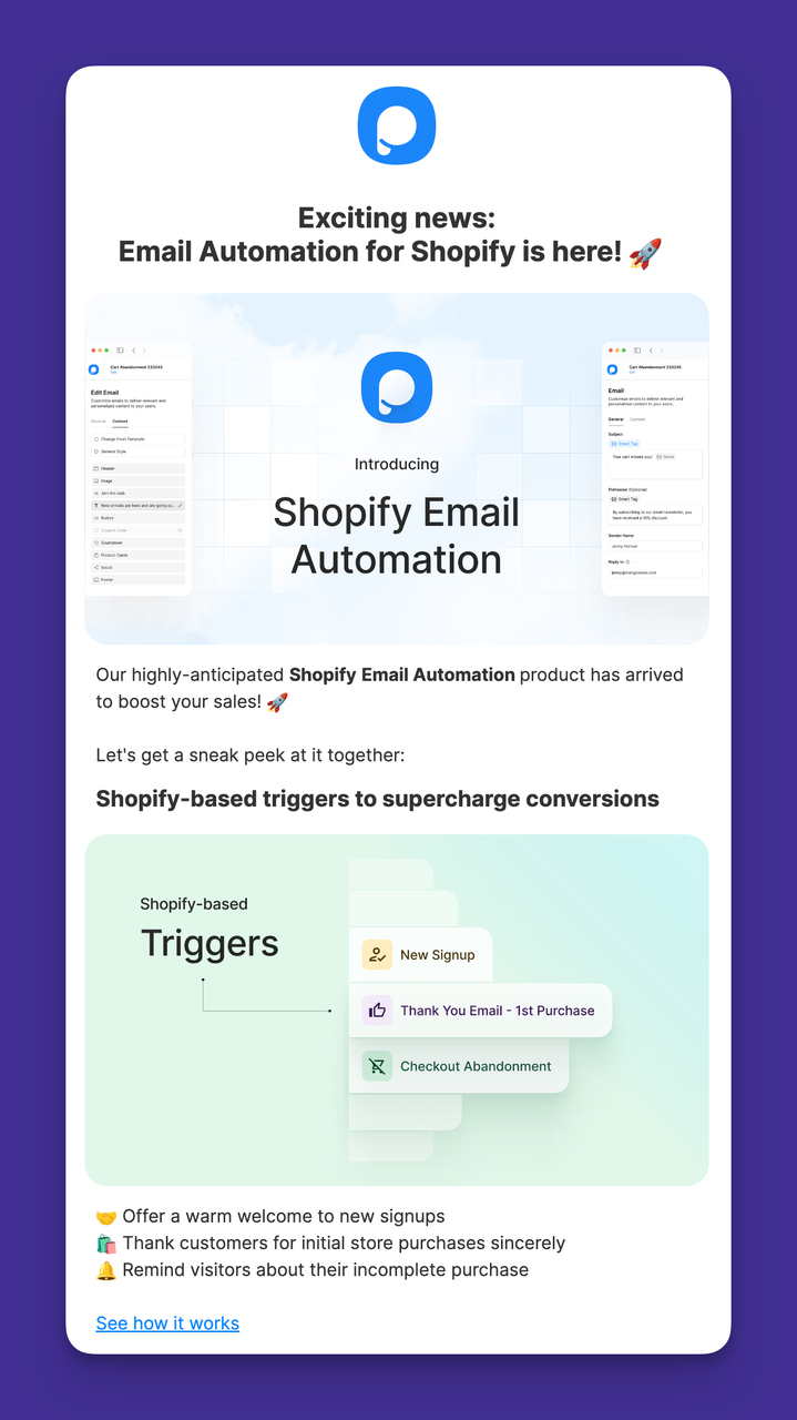 The screenshot of Popupsmart's B2B email, where Popupsmart launched its feature called Shopify e-mail automation.