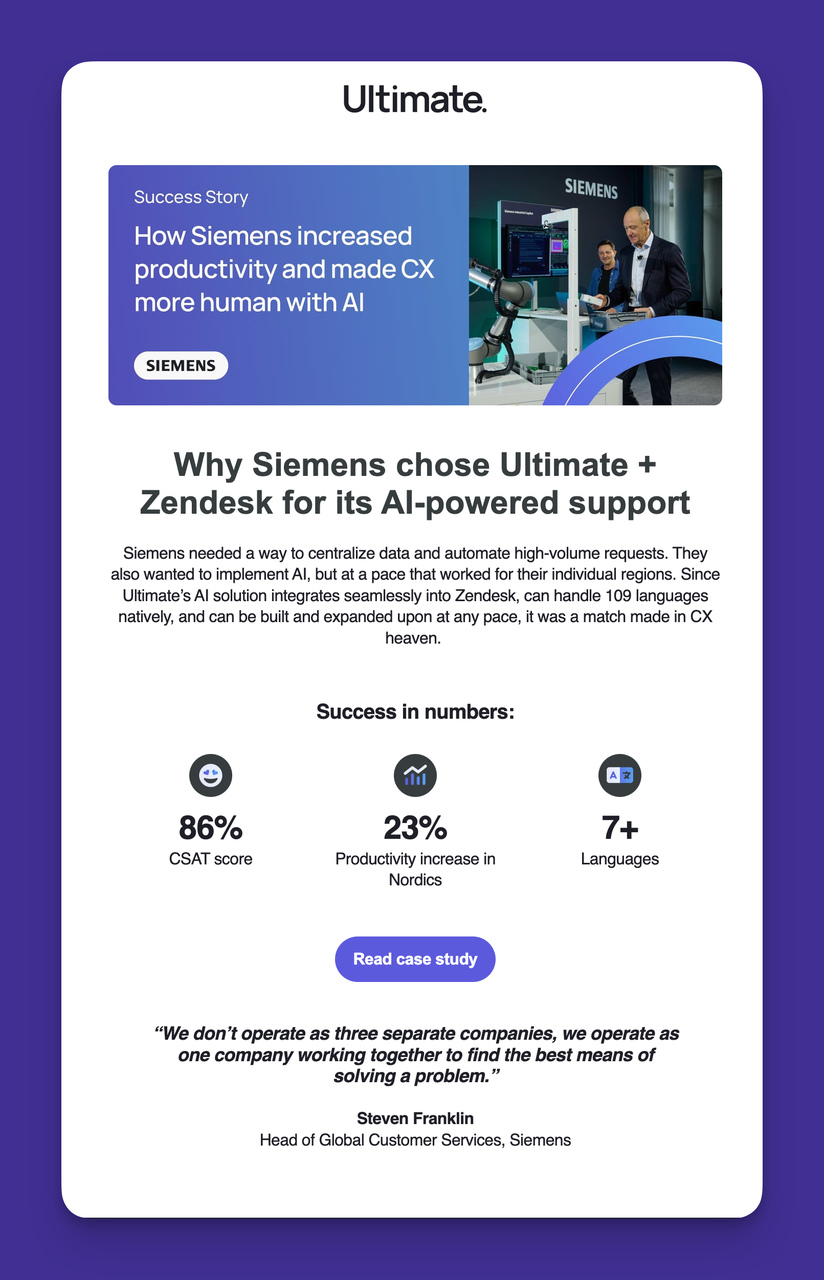 The screenshot of Ultimate’s B2B Email Subject Line Sharing Case Studies and Success Stories.