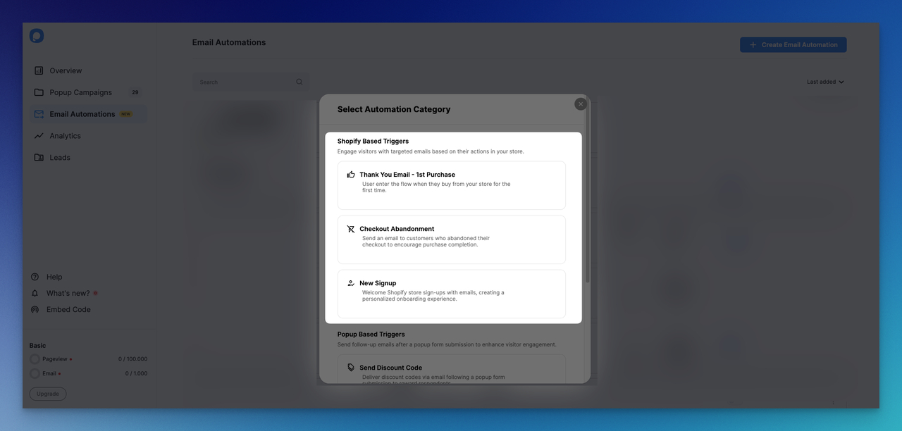 email automation modal displaying Shopify based triggers on Popupsmart