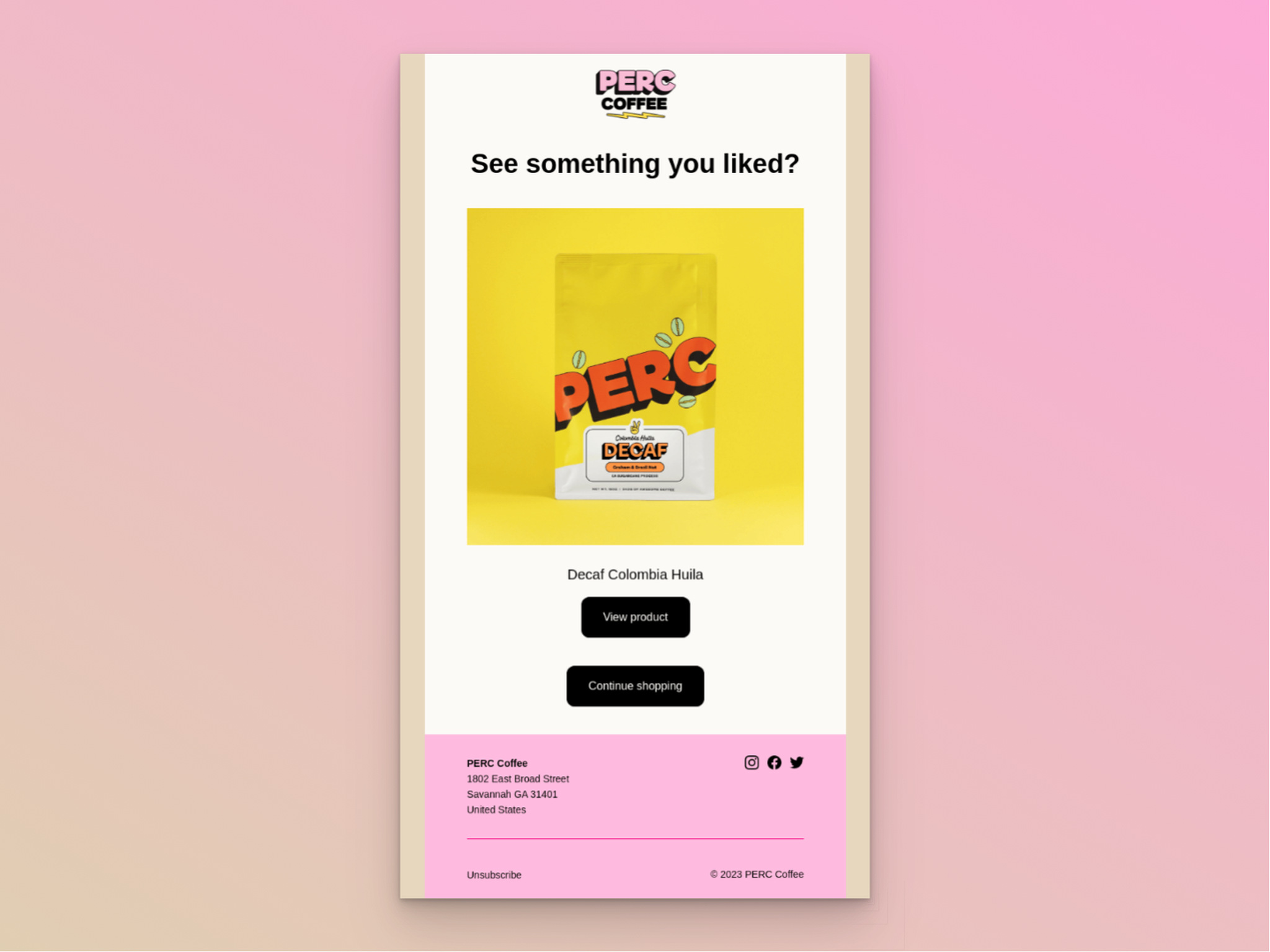 A screenshot of Perc Coffee's browse abandonment email example