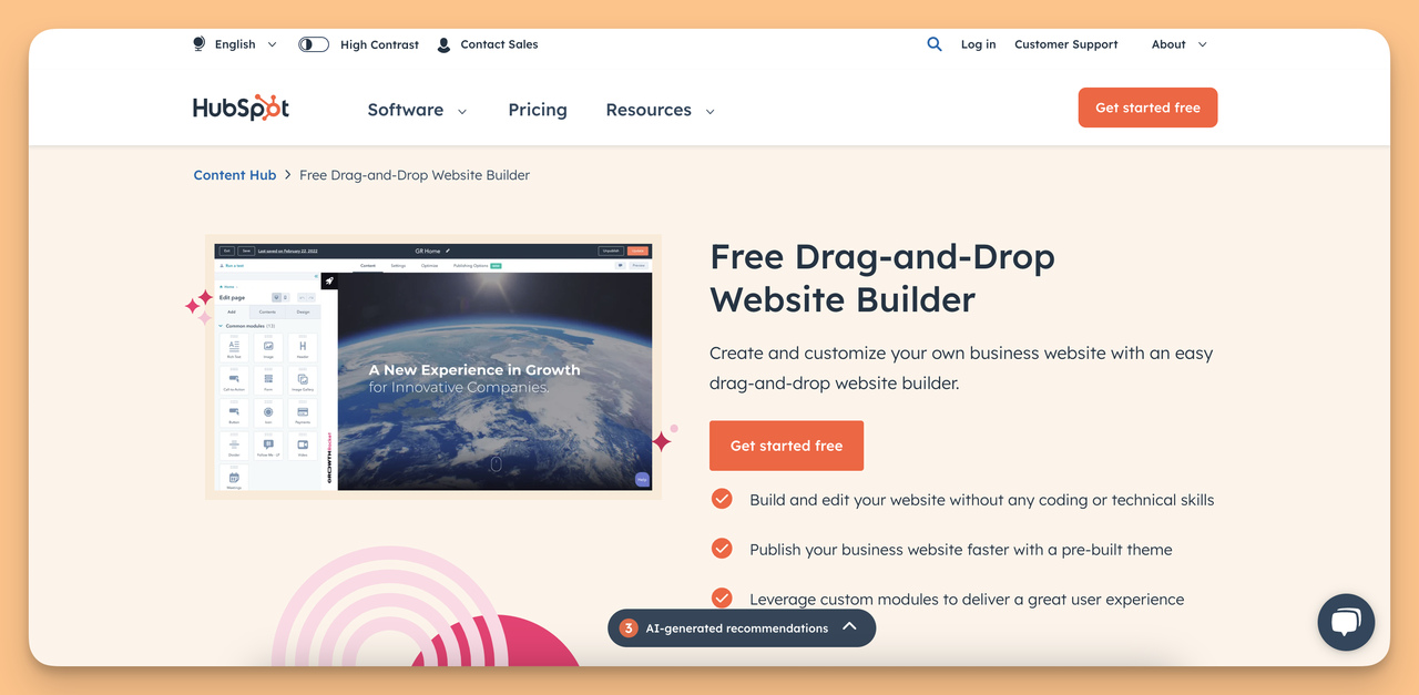 Secreenshoot of the homepage of Hubspot, the best website builder for small businesses focusing on inbound marketing